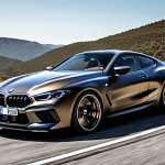 **Prompt:** Sleek BMW M8 Coupe, aggressive stance, flowing lines, dark metallic paint, winding road, sense of speed, focus on the car's beauty and power.