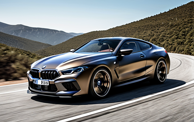 **Prompt:** Sleek BMW M8 Coupe, aggressive stance, flowing lines, dark metallic paint, winding road, sense of speed, focus on the car's beauty and power.