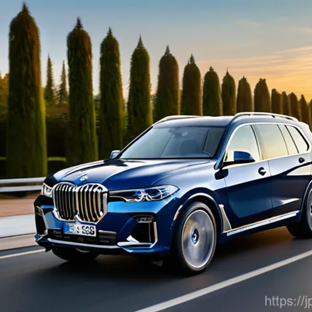 BMW X7과 링컨 내비게이터 비교 - **A sleek and sophisticated BMW X7 xDrive40d, in a deep metallic blue, is gracefully navigating a wi...