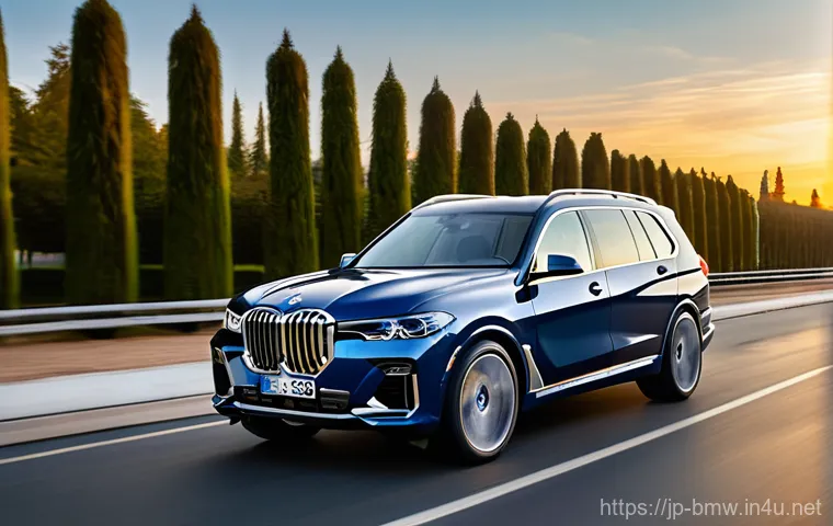 BMW X7과 링컨 내비게이터 비교 - **A sleek and sophisticated BMW X7 xDrive40d, in a deep metallic blue, is gracefully navigating a wi...