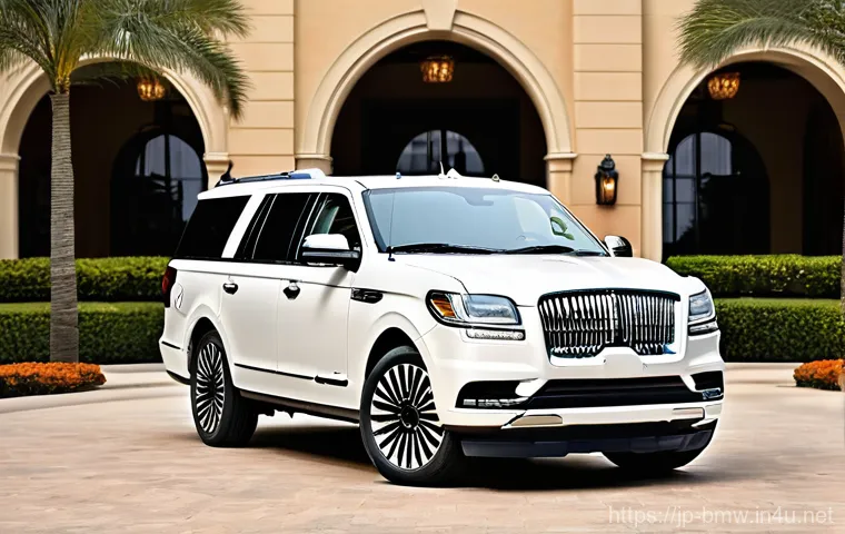 BMW X7과 링컨 내비게이터 비교 - **A sleek and sophisticated BMW X7 xDrive40d, in a deep metallic blue, is gracefully navigating a wi...