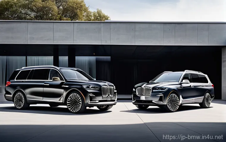 BMW X7과 링컨 내비게이터 비교 - **An imposing Lincoln Navigator Black Label, in a gleaming pearl white, is parked majestically at th...