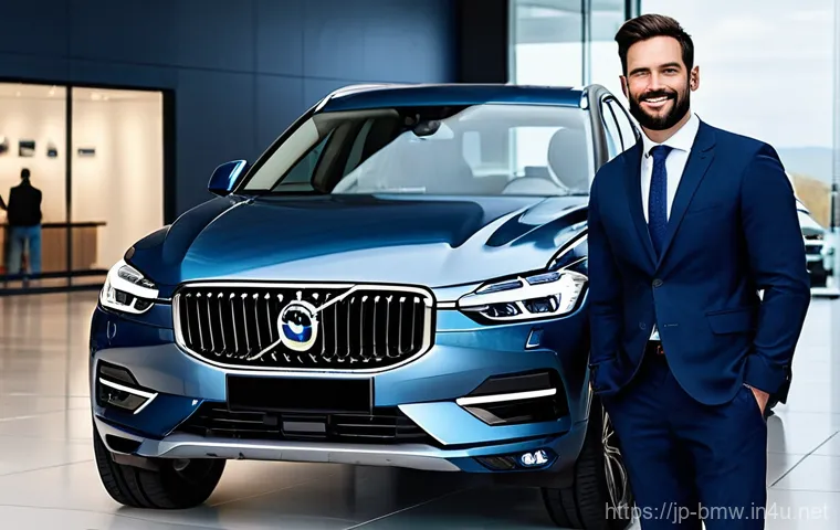 BMW X3와 볼보 XC60 유지비 비교 - **Dream SUV Acquisition:** A sleek, modern car dealership showroom bathed in soft, inviting light. A...