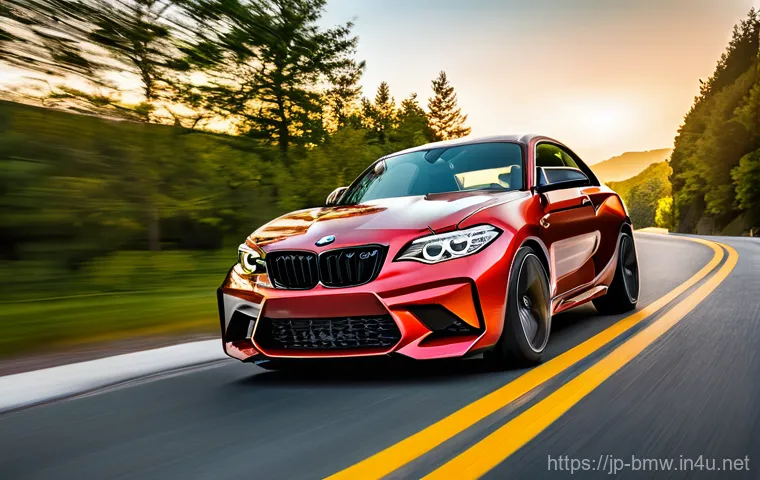 BMW M2 쿠페와 M3 세단 비교 - A powerful and dynamic shot of a BMW M2 Coupe (G87) in a vibrant Toronto Red, expertly navigating a ...
