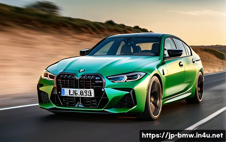 BMW M3 고성능 세단 주행 테스트 - **Prompt:** A dynamic, low-angle shot of a brand new BMW M3 Competition (G80 model) in a vibrant, me...
