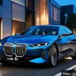 BMW i4와 테슬라 모델 3 비교 - A sleek BMW i4 sedan parked on a modern city street at dusk, showcasing its classic kidney grille an...