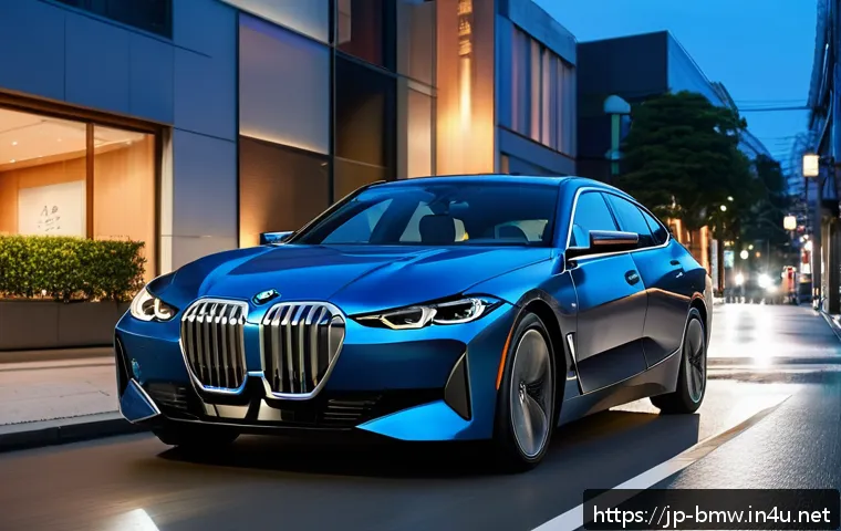 BMW i4와 테슬라 모델 3 비교 - A sleek BMW i4 sedan parked on a modern city street at dusk, showcasing its classic kidney grille an...
