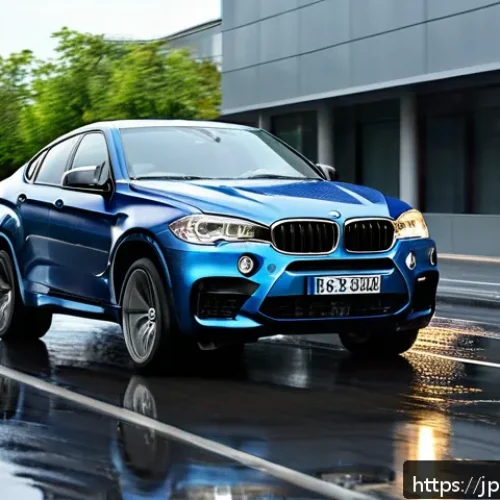 BMW X6 M 스포츠 패키지 성능 - A dynamic and powerful BMW X6 M Sport Package speeding on a wet city street during a rainy day, show...