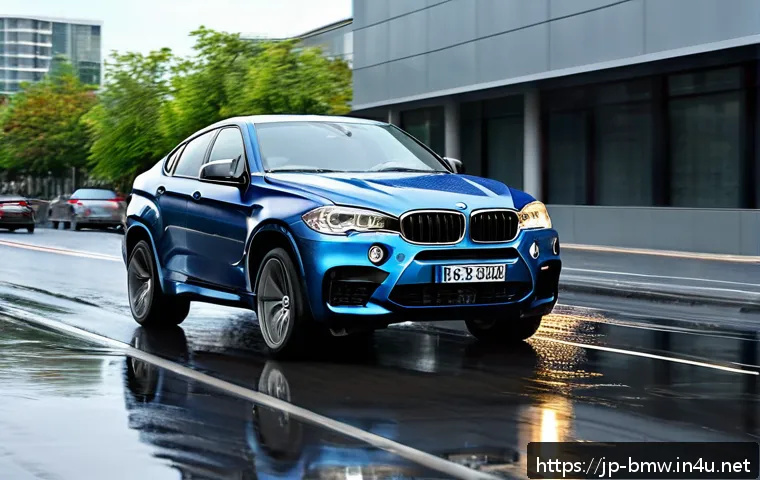 BMW X6 M 스포츠 패키지 성능 - A dynamic and powerful BMW X6 M Sport Package speeding on a wet city street during a rainy day, show...