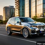 BMW X5와 랜드로버 디스커버리 비교 - A sleek, elegant BMW X5 driving dynamically on a smooth urban highway at sunset, showcasing its stre...