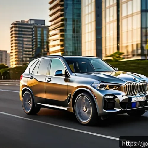 BMW X5와 랜드로버 디스커버리 비교 - A sleek, elegant BMW X5 driving dynamically on a smooth urban highway at sunset, showcasing its stre...