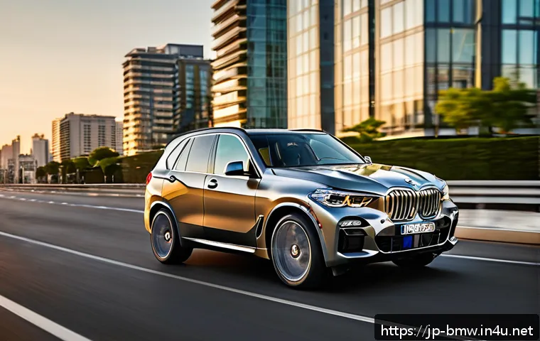 BMW X5와 랜드로버 디스커버리 비교 - A sleek, elegant BMW X5 driving dynamically on a smooth urban highway at sunset, showcasing its stre...