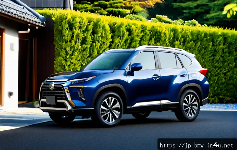 BMW X1 소형 SUV 장단점 - Photorealistic premium compact SUV in metallic deep blue parked beside a modern Japanese suburban ho...