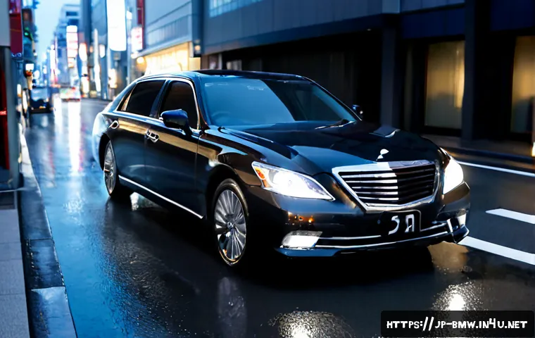 BMW 7시리즈의 최신 안전 기술 - Photorealistic luxury flagship sedan resembling a modern executive limousine, driving calmly on a ra...
